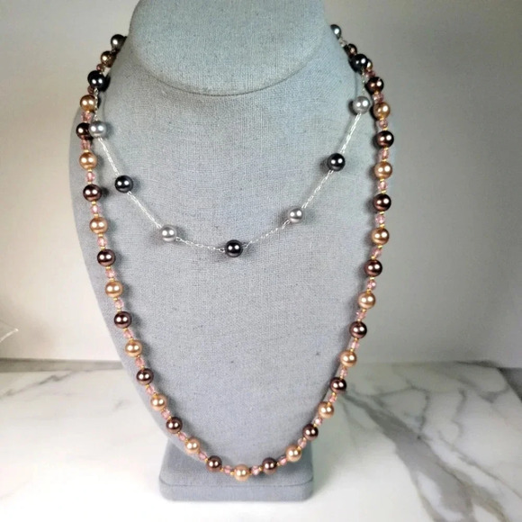 Roman Beaded Necklace Set Of 2  Signed Floating Faux Pearl Gray Peach Pi… - Picture 1 of 10
